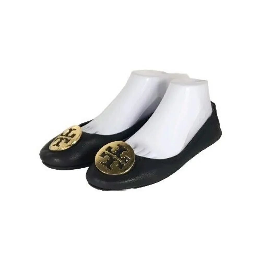 TORY BURCH Women's MINNIE US 10,5M Black Leather Logo Slip On Ballet Flats